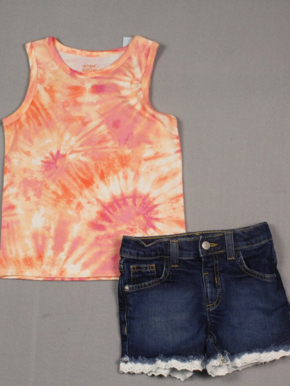 Cat & Jack 5T Tie Dye Tank & Eyelet Lace Denim Shorts 2pc Outfit